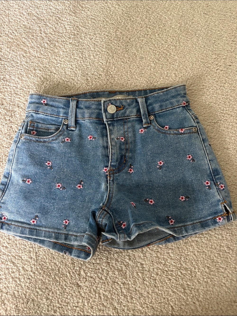 Tractr Denim Shorts with Pink & White Floral Embroidery - Blue